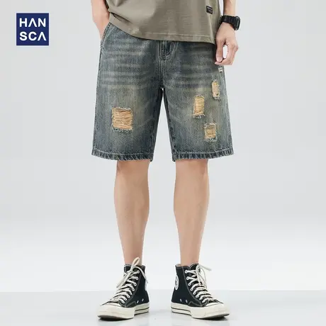 hansca破洞牛仔短裤男潮牌夏季宽松休闲复古水洗大码痞帅五分裤子商品大图