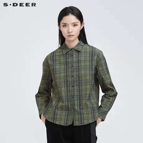 sdeer圣迪奥翻领撞色格纹宽松长袖衬衫S21480505图片