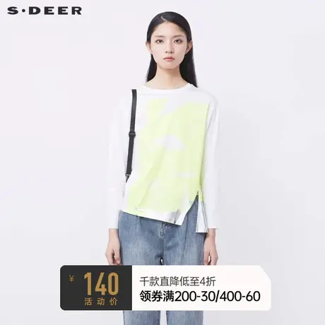 sdeer圣迪奥女秋圆领撞色印花不规则开衩T恤S21380203图片