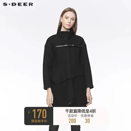sdeer圣迪奥冬款时尚高领搭袢拼接开衩不规则纯黑大衣女S19481762图片