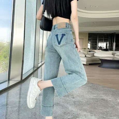 八分高腰翻边阔腿牛仔裤女春夏新款宽松显瘦小个子七分九分直筒裤图片