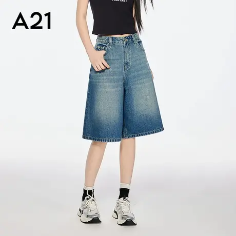 A21女装天蓝色做旧牛仔裤简约五分裤宽松显瘦阔腿裤休闲复古图片