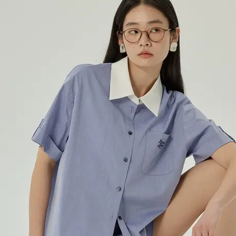 omont蛋挞家 复古蓝色撞色领短袖衬衫女春季新款宽松休闲上衣商品大图