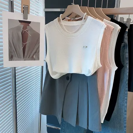 纹理冰丝圆领针织衫女背心2025春夏新款套头内搭上衣外穿薄美背潮商品大图