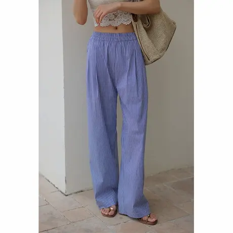 弥古蓝色条纹裤子女夏季薄款2025新款直筒阔腿裤高级感垂感休闲裤商品大图