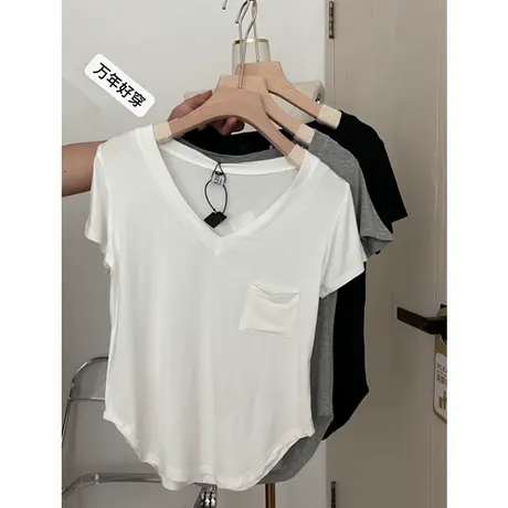 【软】垂坠感锁骨T恤女夏宽松韩版中长款打底衫短袖休闲v领上衣服商品大图