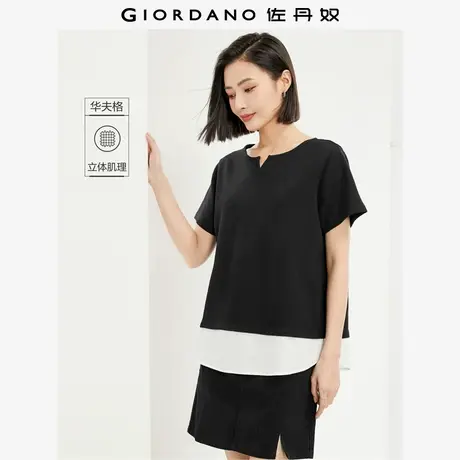 佐丹奴T恤女装华夫格针梭织拼接下摆小V领短袖T恤 13324246商品大图