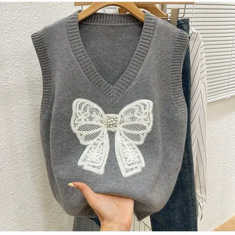 2025春季新款设计感蝴蝶结针织马甲女V领洋气叠穿毛衣外搭背心女图片