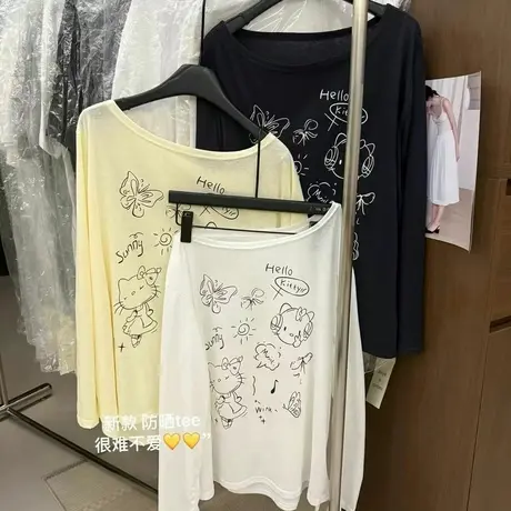 2025韩系趣味卡通印花长袖T恤女夏季凯蒂猫防晒T宽松斜肩上衣商品大图