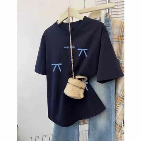 今年流行藏蓝色蝴蝶结正肩圆领T恤女2025新款情侣装百搭减龄上衣商品大图