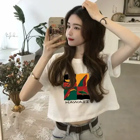 简约正肩短袖t恤女2025新款夏季欧美高腰复古欧货短款百搭上衣潮商品大图