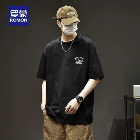 罗蒙轻奢男款100棉重磅短袖T恤夏季新款宽松圆领透气印花上衣N1Z商品大图