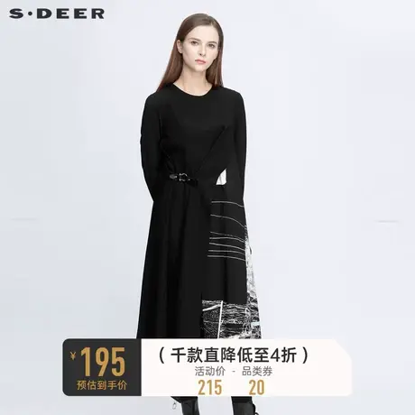 sdeer圣迪奥冬季女装涂鸦印花拼接不规则收腰长袖连衣裙S20481210商品大图