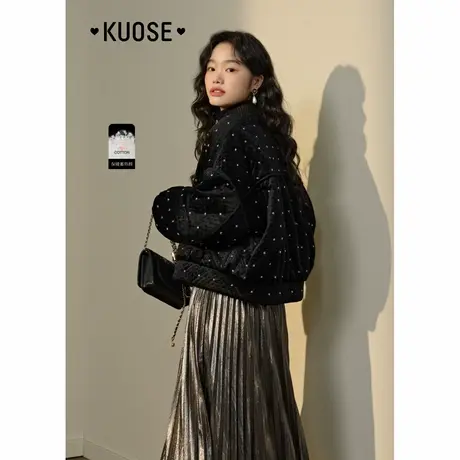 阔色黑色波点棉衣棉服夹棉外套女2024秋冬新款短款棒球服棉袄上衣图片