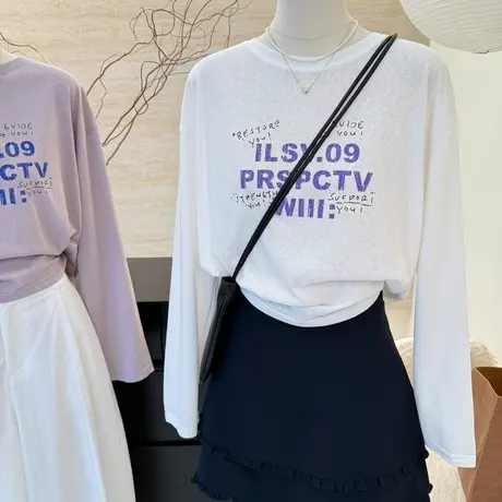 韩系百搭宽松显瘦圆领字母印花长袖T恤女凉感薄款防晒衫短款上衣商品大图