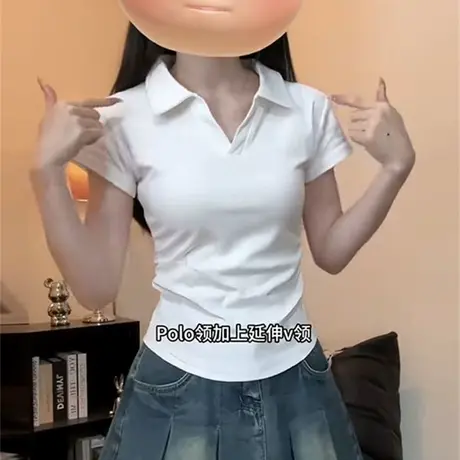 正肩收腰Polo领短袖T恤女夏季韩版修身短款小个子辣妹V领半袖上衣商品大图