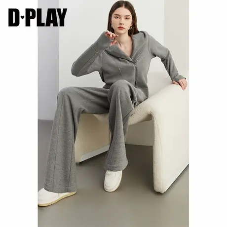 DPLAY2025春季新款休闲灰色卫衣女连帽正肩宽松门襟双开拉链上衣商品大图