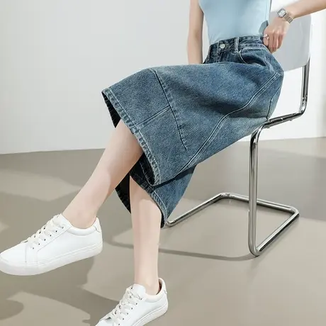 美式复古七分阔腿牛仔裤女夏季薄款高腰宽松弯刀裤子小个子中短裤商品大图