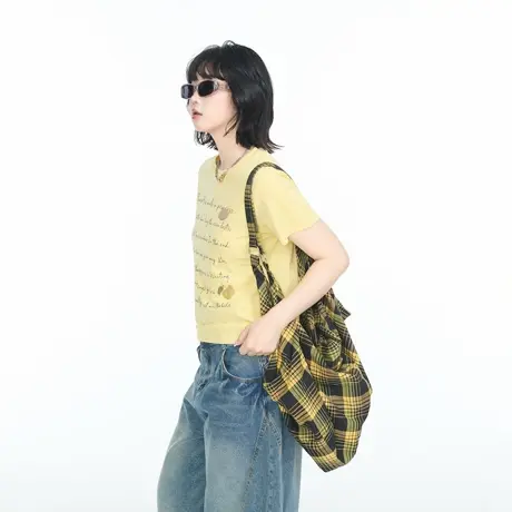 美式潮牌修身正肩短款复古印花短袖T恤女夏季显瘦甜辣风半袖上衣商品大图