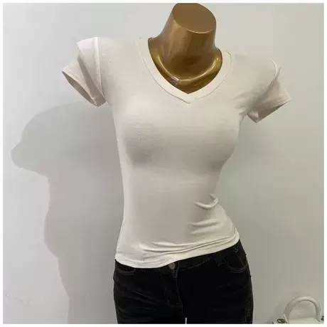 薄薄软软！微透基础V领纯色短袖T恤女短款紧身上衣修身显瘦2021新商品大图