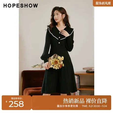 红袖outlets淑女香风V领连衣裙hopeshow2022冬季荷叶边收腰小黑裙图片