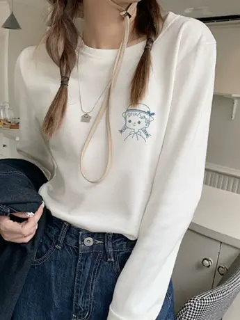 白色仿棉长袖t恤女2023新款秋冬季加绒内搭打底衫美式复古上衣服图片