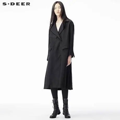 sdeer圣迪奥2017秋装新款斜襟不对称口袋宽松风衣外套S17381828图片