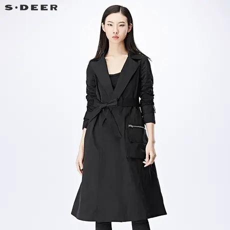 sdeer圣迪奥2019春装先锋酷感翻领口袋腰带长款风衣外套S17181818图片