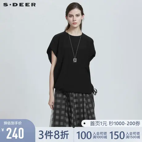 sdeer圣迪奥女装夏装休闲圆领抽褶系带宽松衬衫S21280414♋商品大图