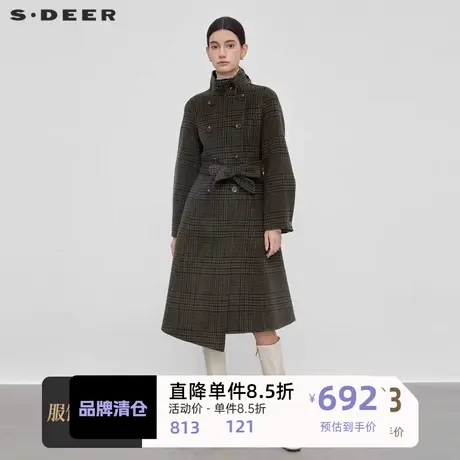 sdeer圣迪奥女装立领格纹收腰毛呢长款大衣S23462504图片