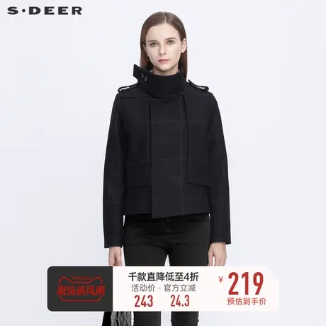 sdeer圣迪奥中性女装立领撞色格纹拼接毛呢短外套秋S20482221图片