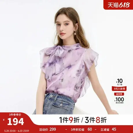 秋水伊人飘带领雪纺衫2025夏季新款女装休闲百搭短款减龄无袖上衣商品大图