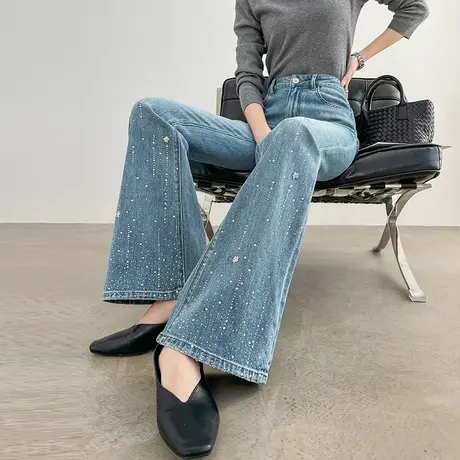 烫钻高腰微喇牛仔裤女夏季薄款宽松显瘦弹力马蹄裤修身喇叭长裤子商品大图