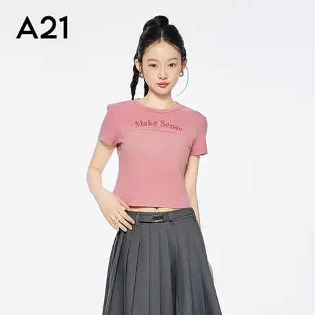 A21女装短款圆领微弹棉T恤简约印花字母短袖套头上衣图片