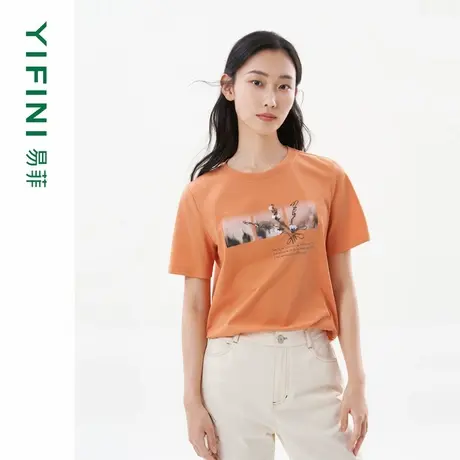 [专柜同款]Yifini/易菲绣花绣绳印花宽松短款时尚文艺T恤女夏装图片