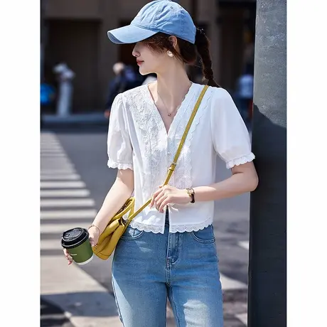 时尚气质短袖衬衫2025年夏季新款V领温柔百搭简约 短款小个子上衣商品大图