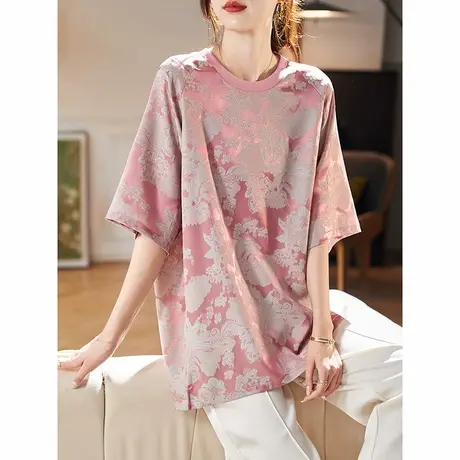 宝诗黎圆领提花宽松国风雪纺衫2025夏季新中式五分袖洋气百搭上衣商品大图