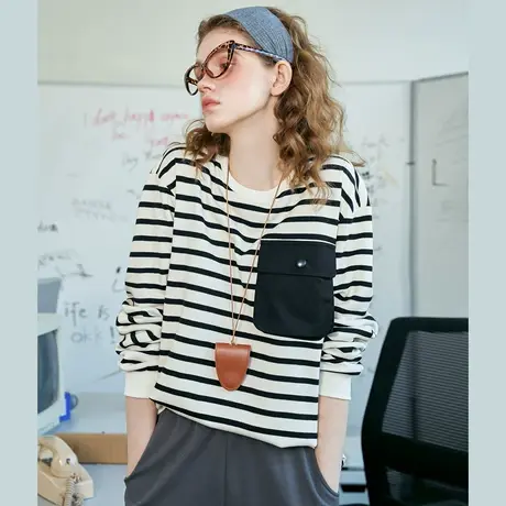 a02立体口袋设计撞色条纹长袖T恤2025春季休闲圆领百搭女式卫衣图片