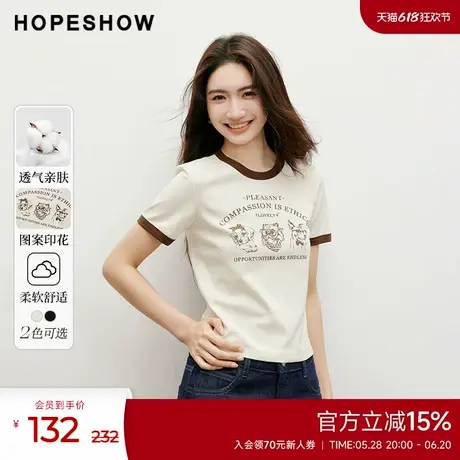 红袖outlets2025春季新款女装美式复古印花撞色边圆领套头T恤商品大图