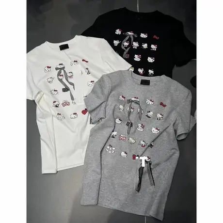 韩国东大门25夏季新款宽松蝴蝶结减龄卡通KT猫印花垫肩短袖T恤女商品大图