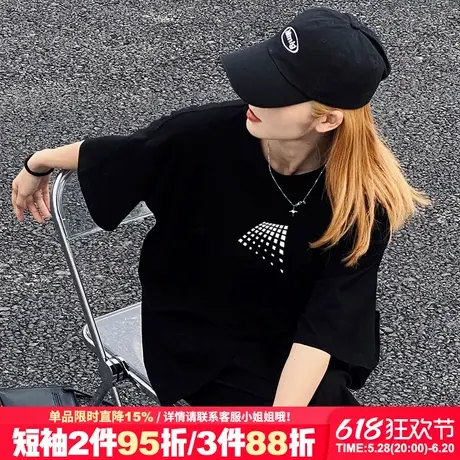 无性别穿搭美式街头风黑色正肩t恤女短袖2025新款设计感潮牌上衣商品大图