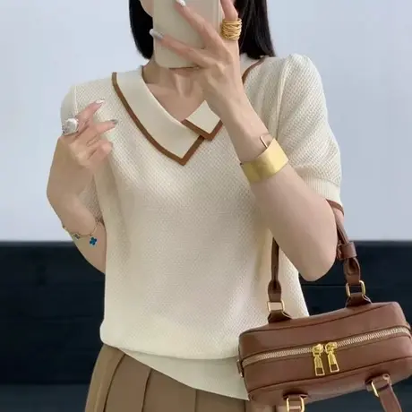 夏季女士冰丝针织短袖女t恤夏2025新款高级感半袖polo衫上衣洋气图片
