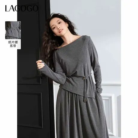 LAGOGO芭蕾风浪漫T恤女拉谷谷春秋新款一字领显瘦显高半裙两件套商品大图