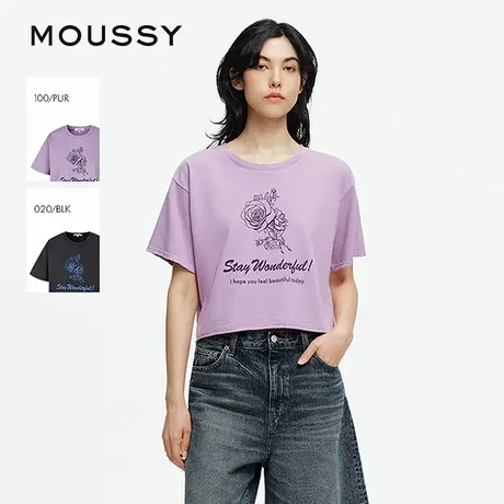 MOUSSY 2025夏季新品复古玫瑰印花短款卷边短袖T恤028ISZ90-0891图片