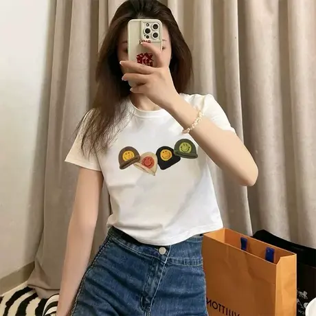 白色短款正肩t恤女2025新款夏季短袖韩版高级感时尚洋气修身上衣商品大图