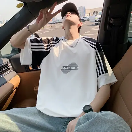 短袖T恤男新款夏季圆领休闲体恤宽松潮牌透气美式男生条纹上衣服图片