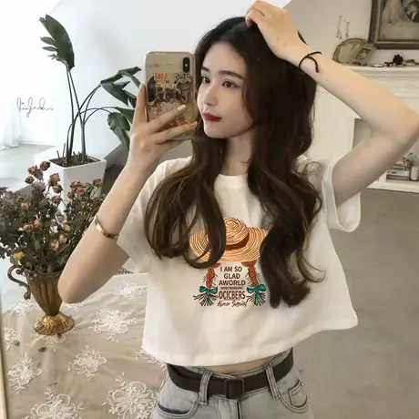 爆款白色短款正肩可爱t恤女2025新款夏季时尚小个子短袖圆领上衣商品大图