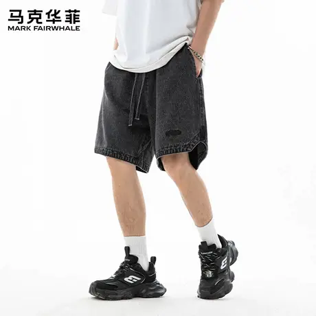 马克华菲美式复古水洗直筒牛仔短裤男潮牌嘻哈街头阔腿五分裤子X商品大图