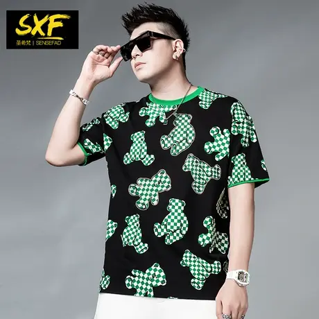 SXF圣希梵小熊t恤男短袖 2023新款撞色刺绣上衣宽松潮牌男士半袖商品大图