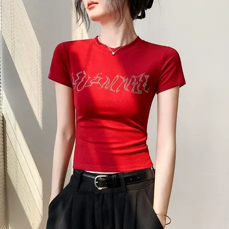 莱赛尔红色圆领烫钻短袖T恤女2025夏季新款修身凉感短款正肩上衣图片